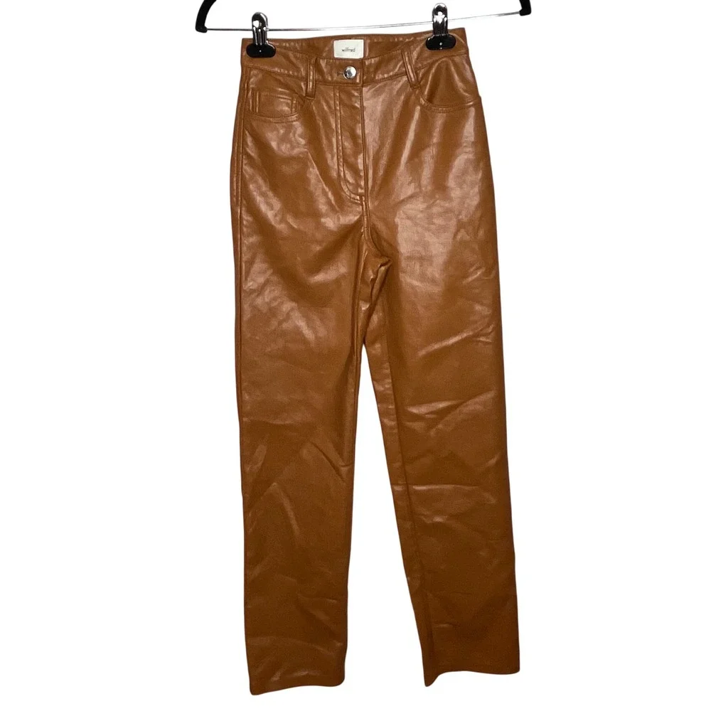 Wilfred Melina Vegan Leather Pants Cognac Brown High Rise Straight Leg Size‎ 00